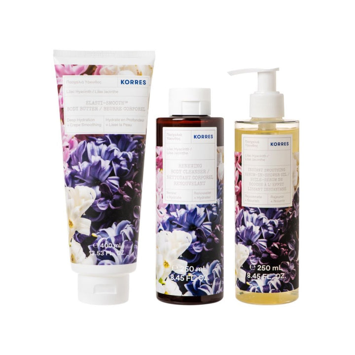 Lilac Hyacinth Elasti-Smooth Body Butter 400ml, In Shower Oil 250ml, and Body Cleaner 250ml Trio